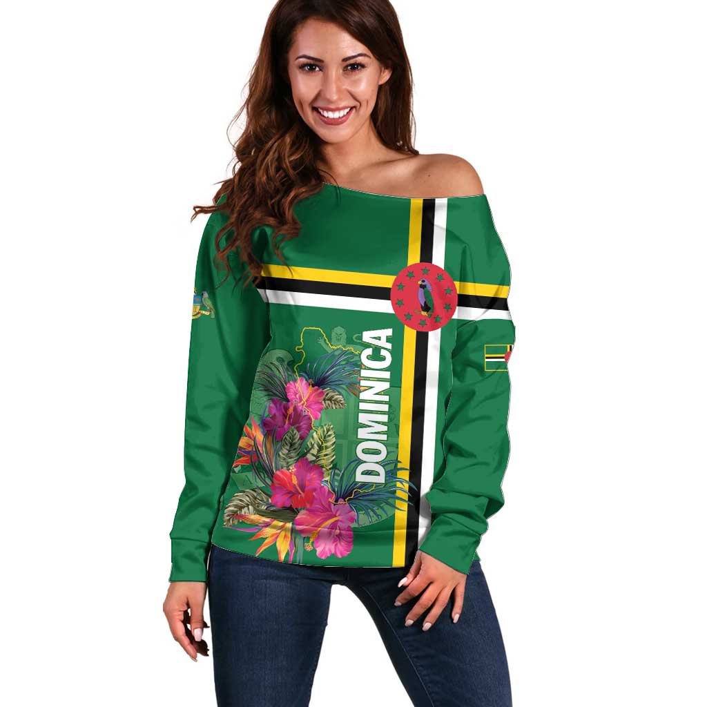 Personalized Dominica Off Shoulder Sweater Waitukubuli Tropical Flower - Wonder Print Shop