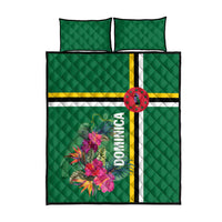 Green quilt bed set with tropical flowers, striped accent, and DOMINICA text; two pillows