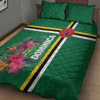 Green quilt bed set with bold striped band, tropical flowers, and DOMINICA lettering