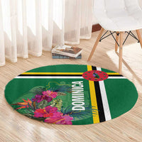Round green tropical flower rug with “DOMINICA” and bold black-and-yellow stripe