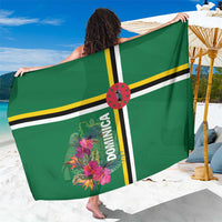 Green tropical sarong with yellow and white stripes, floral panel and circular logo