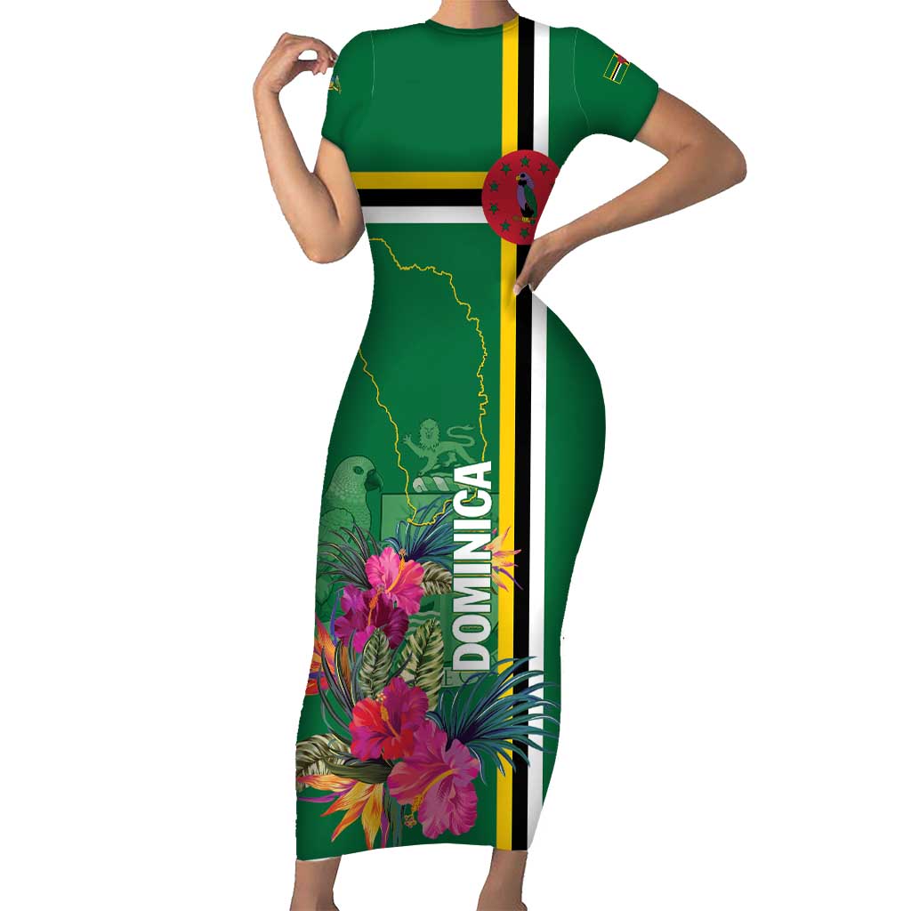 Personalized Dominica Short Sleeve Bodycon Dress Waitukubuli Tropical Flower - Wonder Print Shop