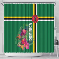 Green shower curtain with tropical flower art, DOMINICA stripe, and circular crest