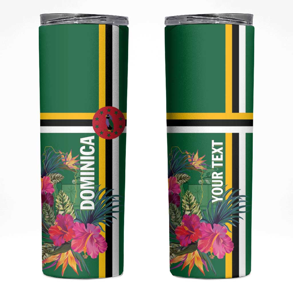 Pair of green skinny tumblers with DOMINICA tropical floral wrap and clear lids