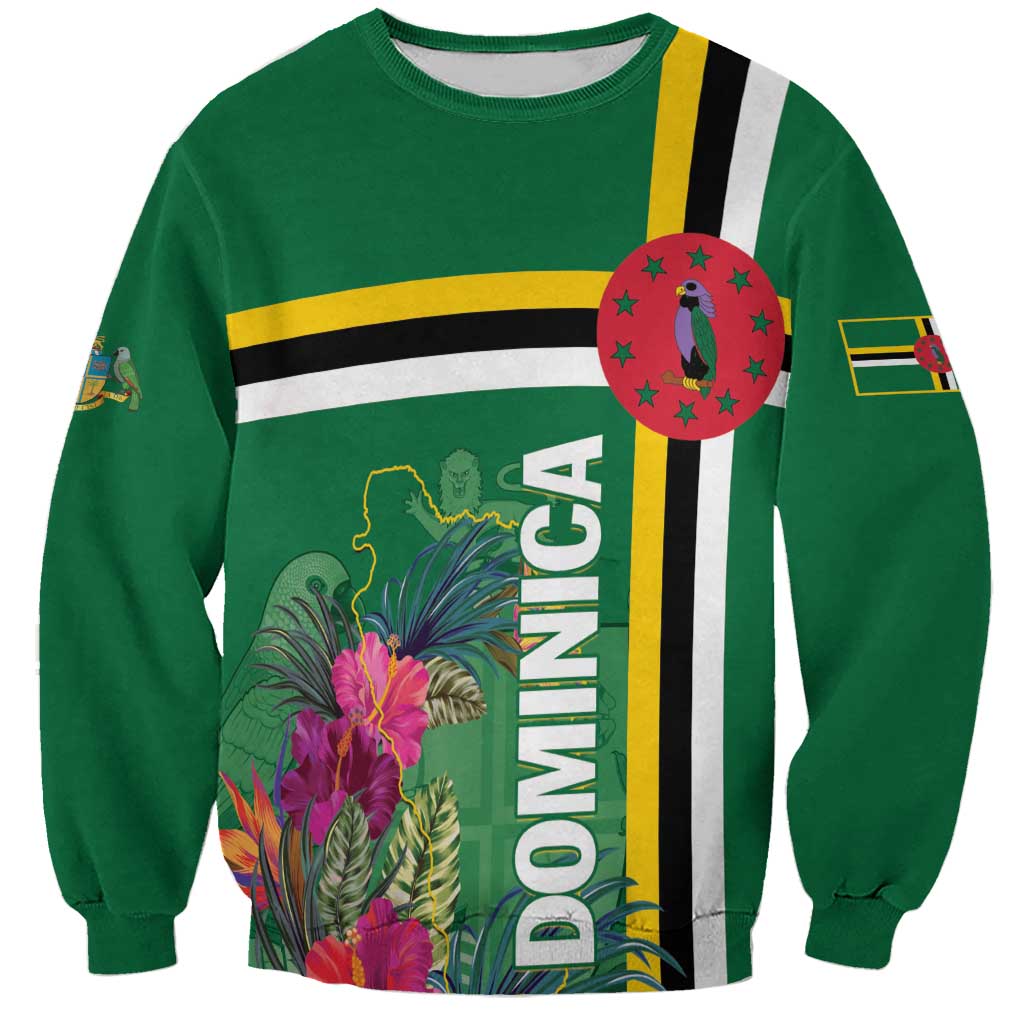 Green unisex sweatshirt with colorful tropical flower graphic and vertical ribbon stripe