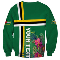 Green unisex sweatshirt back view with tropical flower print and vertical word graphic