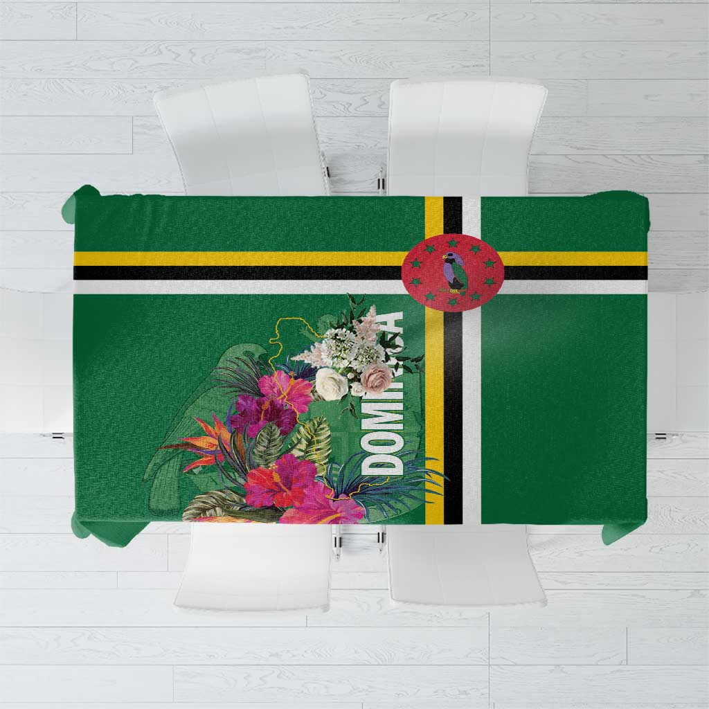 Green tablecloth top view with tropical flowers and black-yellow stripe panel.