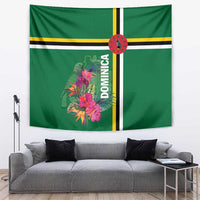 Green Dominica tapestry featuring tropical flowers, vertical striped band, and “DOMINICA” lettering