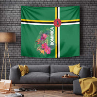Green Dominican tapestry with tropical flower bouquet, “DOMINICA” ribbon, and striped center panel