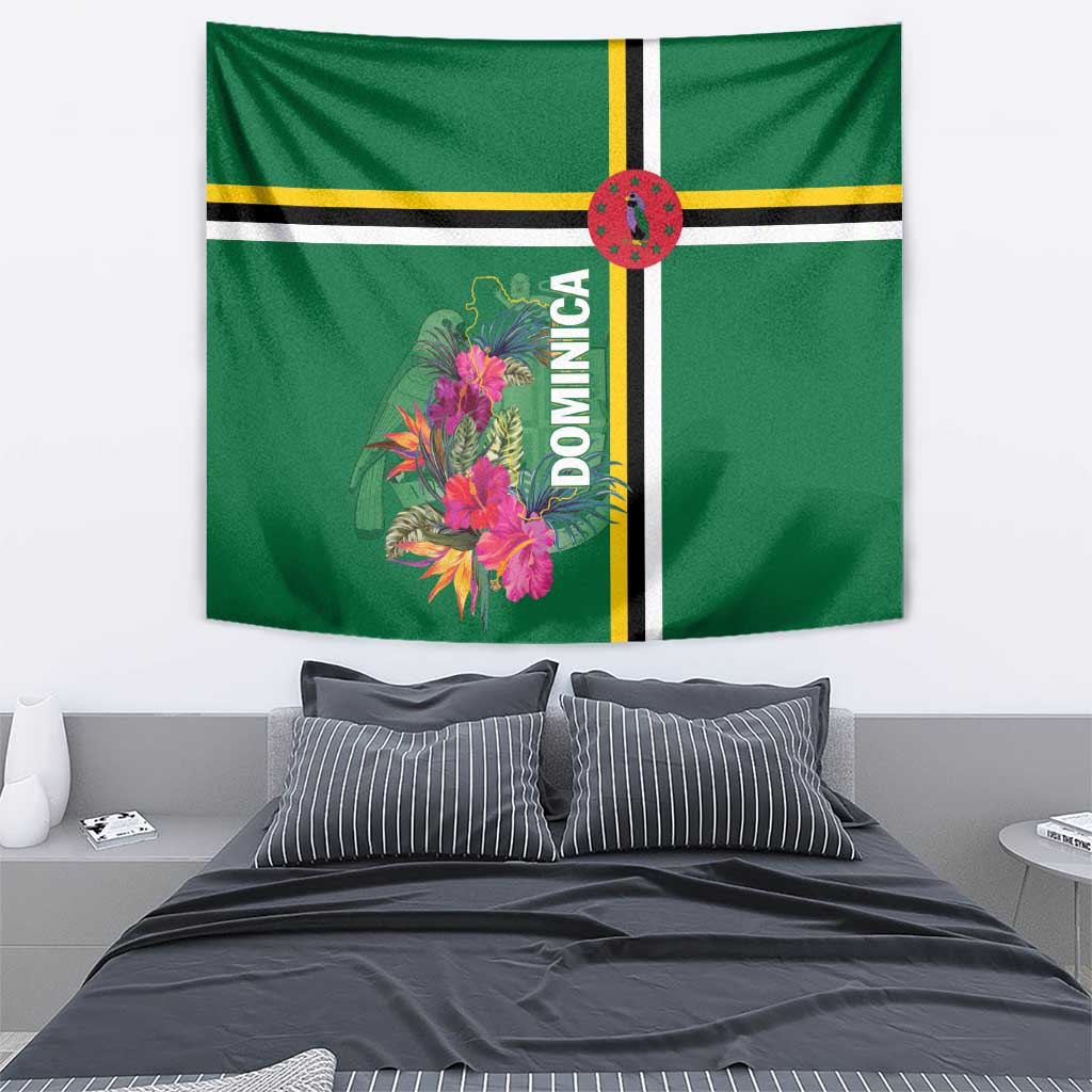 Green Dominica wall tapestry with floral bouquet, central striped stripe, and “DOMINICA” text