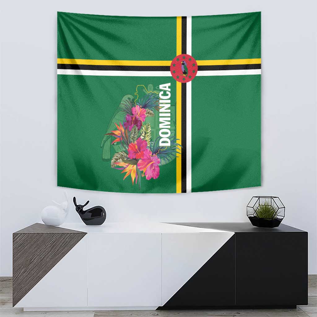 Green Dominica tapestry with tropical flowers, vertical yellow-black stripes, and “DOMINICA” ribbon