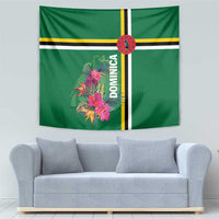 Green Dominica tapestry panel with tropical flower graphic, striped center band, and “DOMINICA”