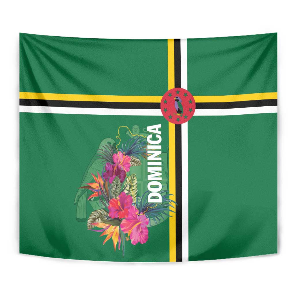 Green Dominica tapestry close-up with tropical flowers, striped center panel, and “DOMINICA”