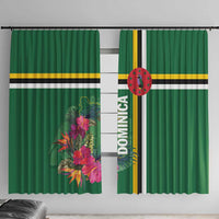 Green window curtain pair with tropical flowers, and gold and white horizontal stripes.