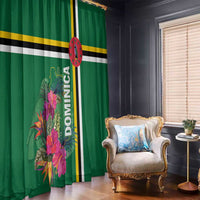 Green tropical flower window curtain with vertical Dominican stripe panel and rod-hung top.