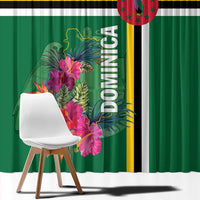 Green curtain panel with tropical floral print, bordered by gold, black, and white stripes.