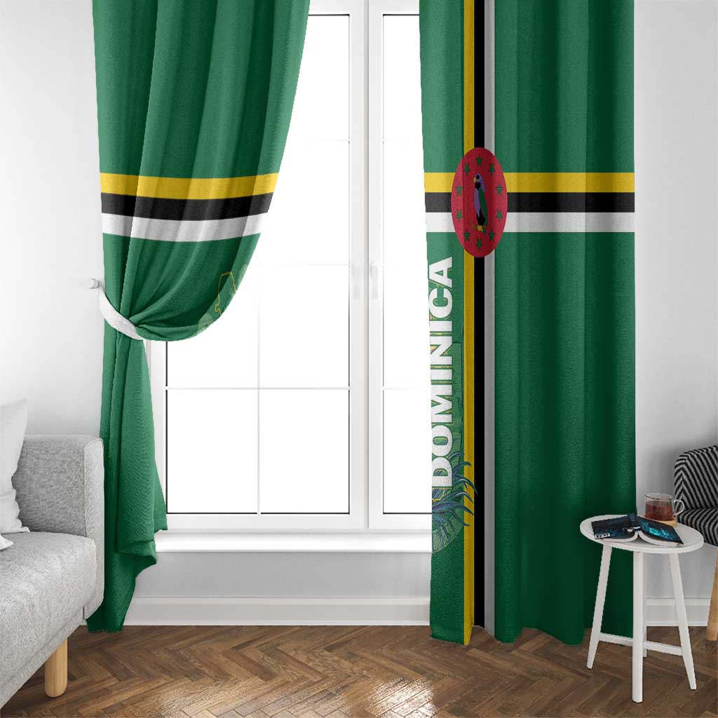 Green window curtain with tropical border print and gold, black, and white stripe accents.