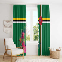 Green window curtain pair with tropical flower motif and gold/black/white stripe bands.