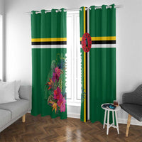 Green window curtains with floral panel detail and gold, black, and white stripe trim.
