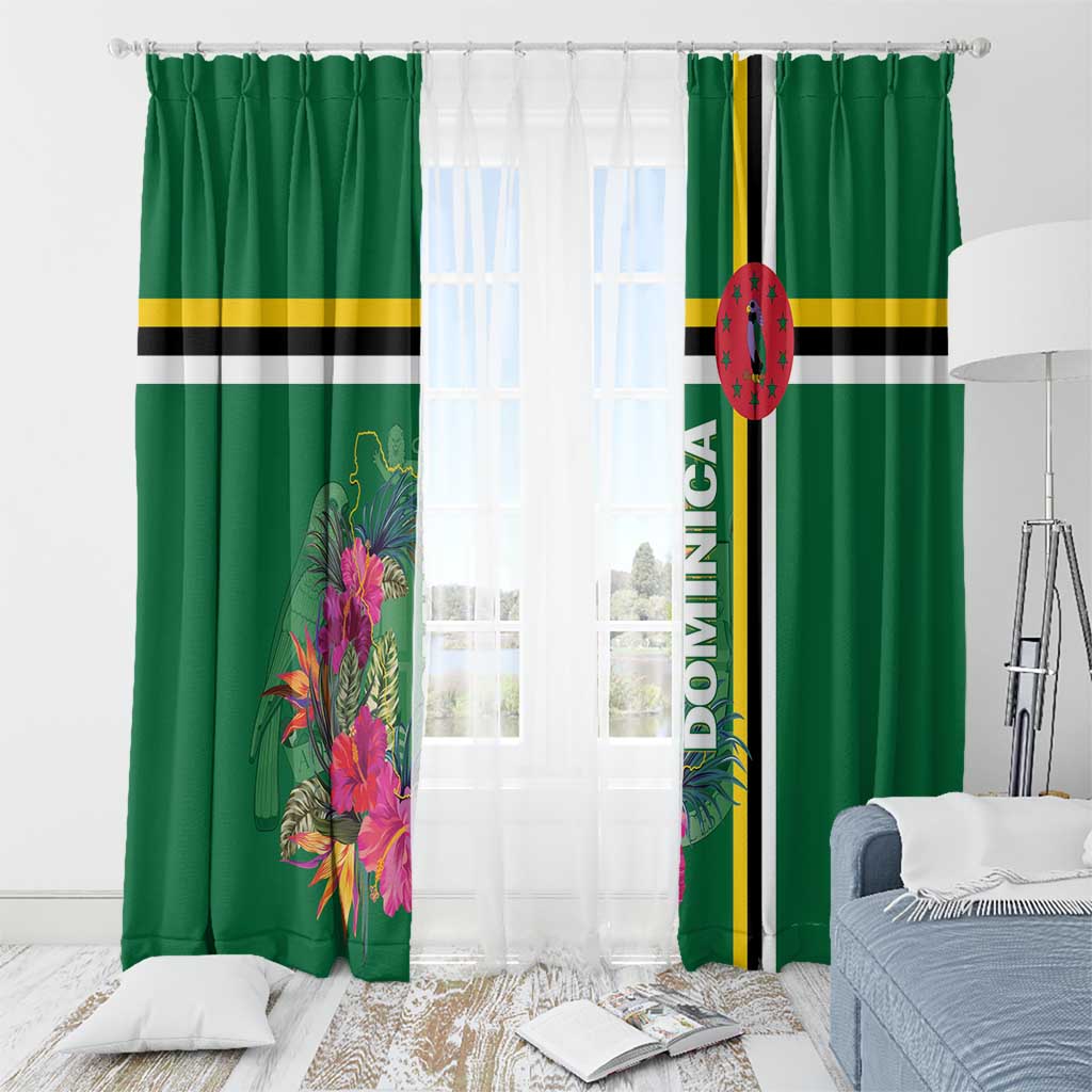 Green window curtain set with tropical flowers on a vertical panel and striped borders.