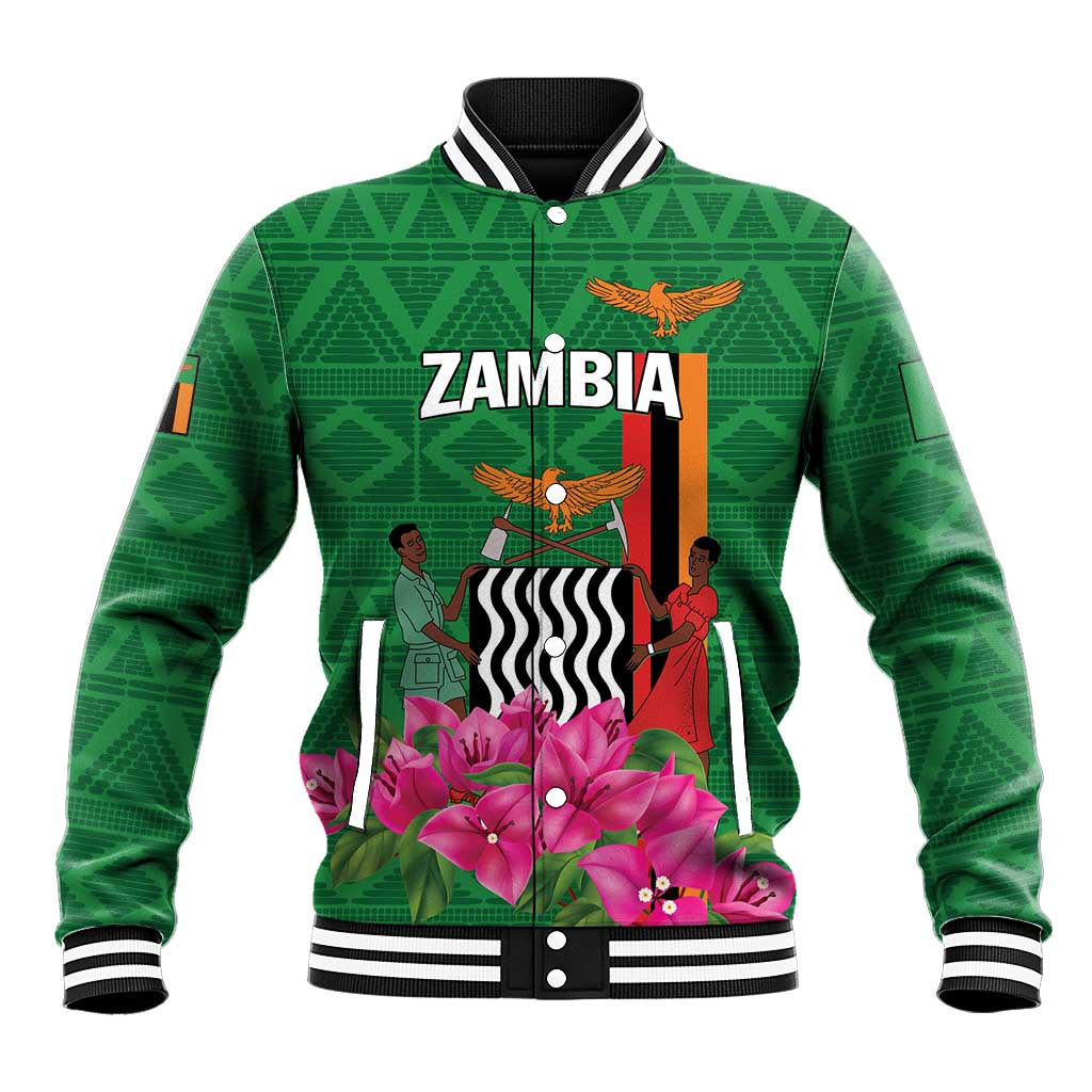 Green baseball jacket with striped collar and bold 'ZAMBIA' front graphic