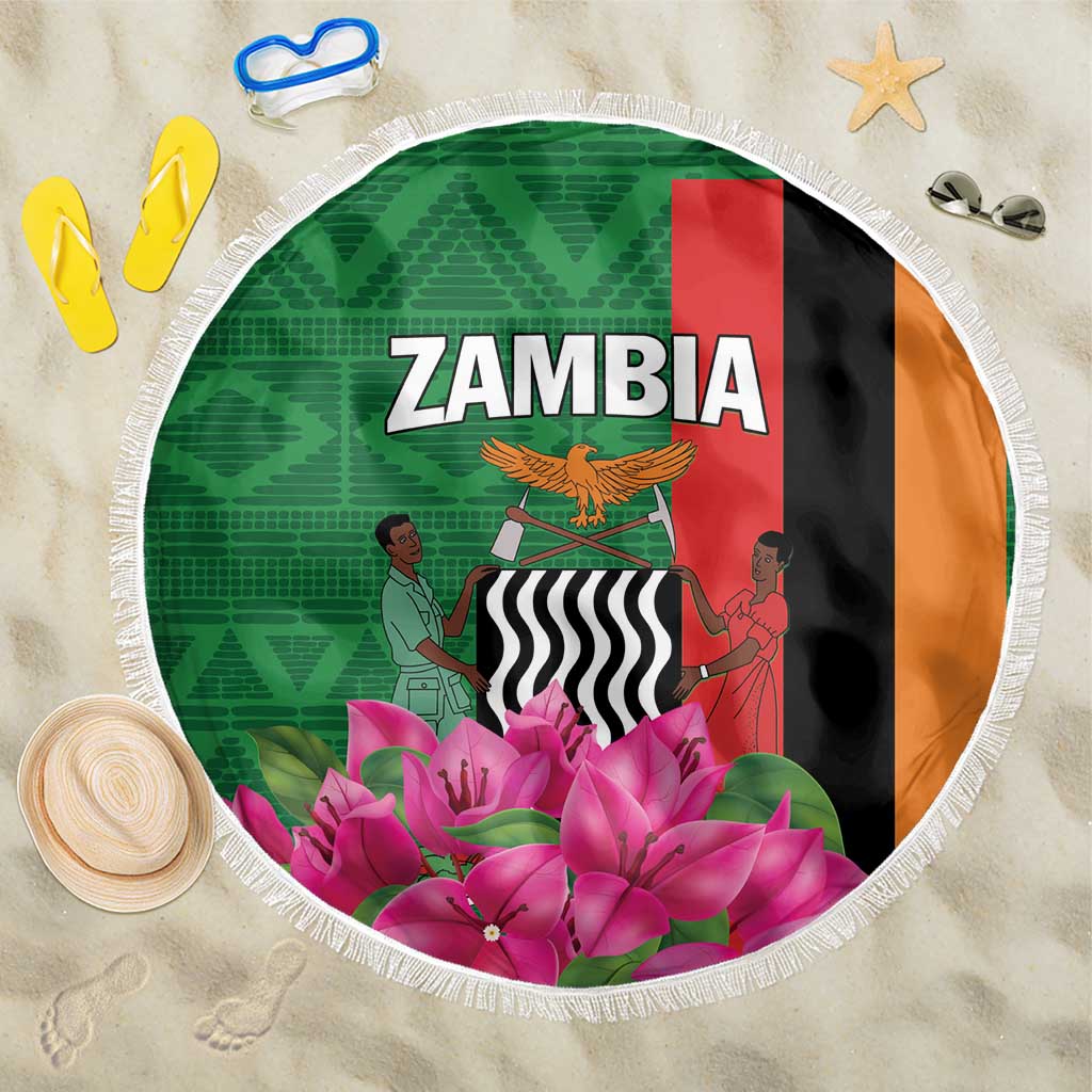 Round green beach blanket with fringe, Zambia graphic and pink flower print