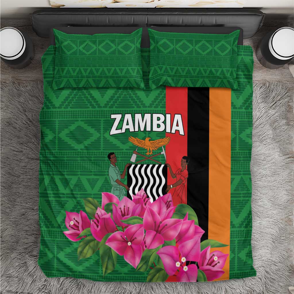 Green bedding set with pink flowers, central flag graphic, and matching green pillowcases