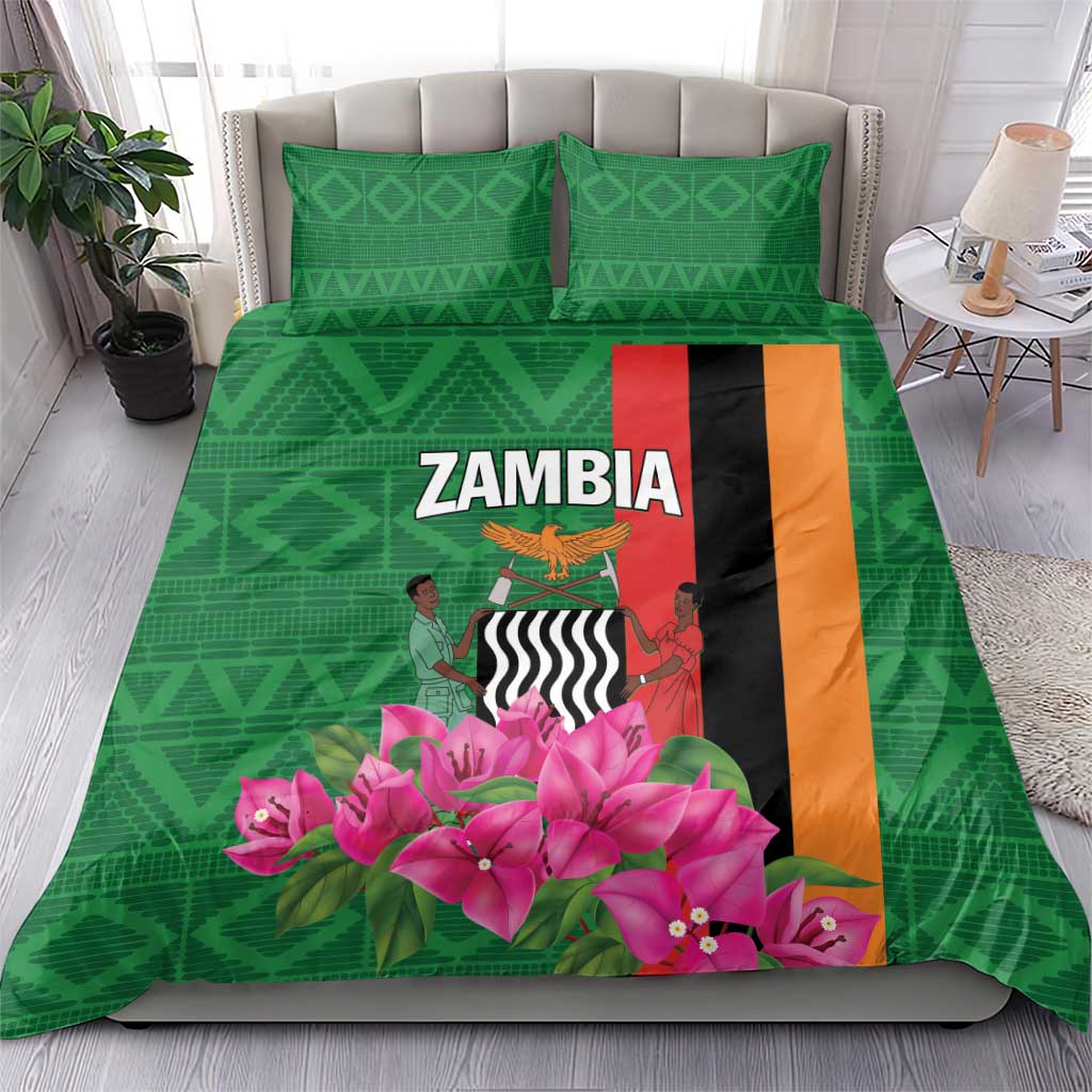 Green bedding set with pink bougainvillea, Zambia text, and flag-style geometric panel