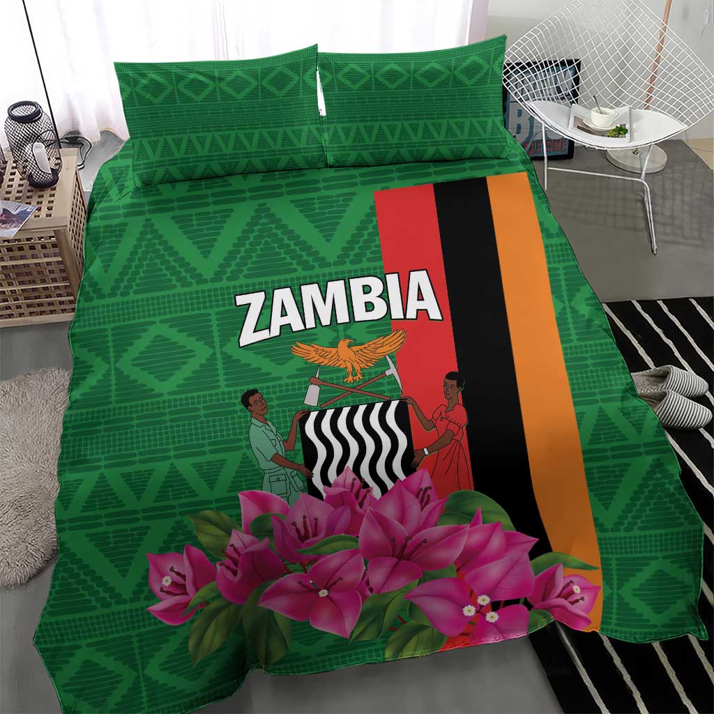 Green duvet bedding set with pink bougainvillea and central flag-style design