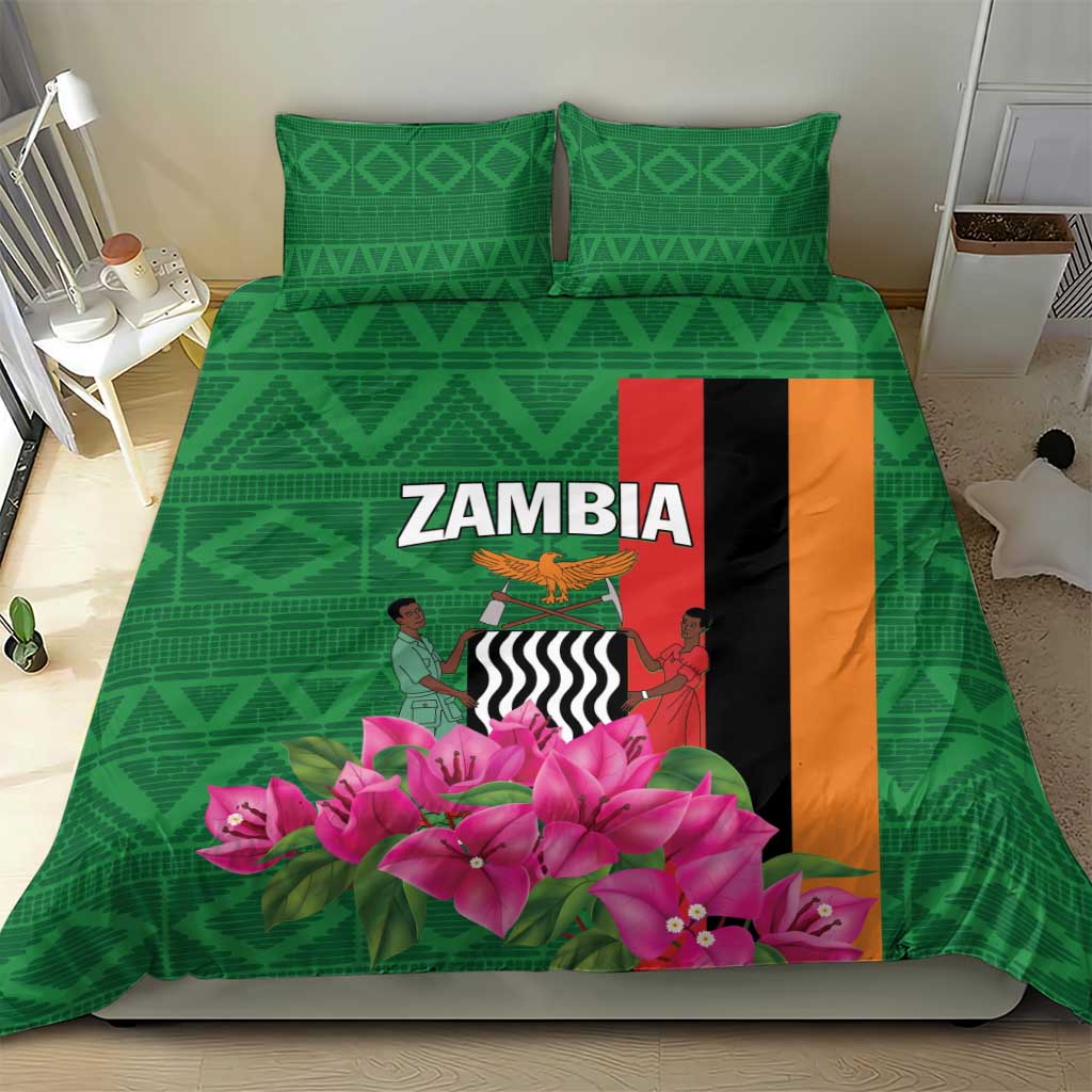 Green bedding set with Zambia text, pink flowers, and multicolor flag panel on duvet