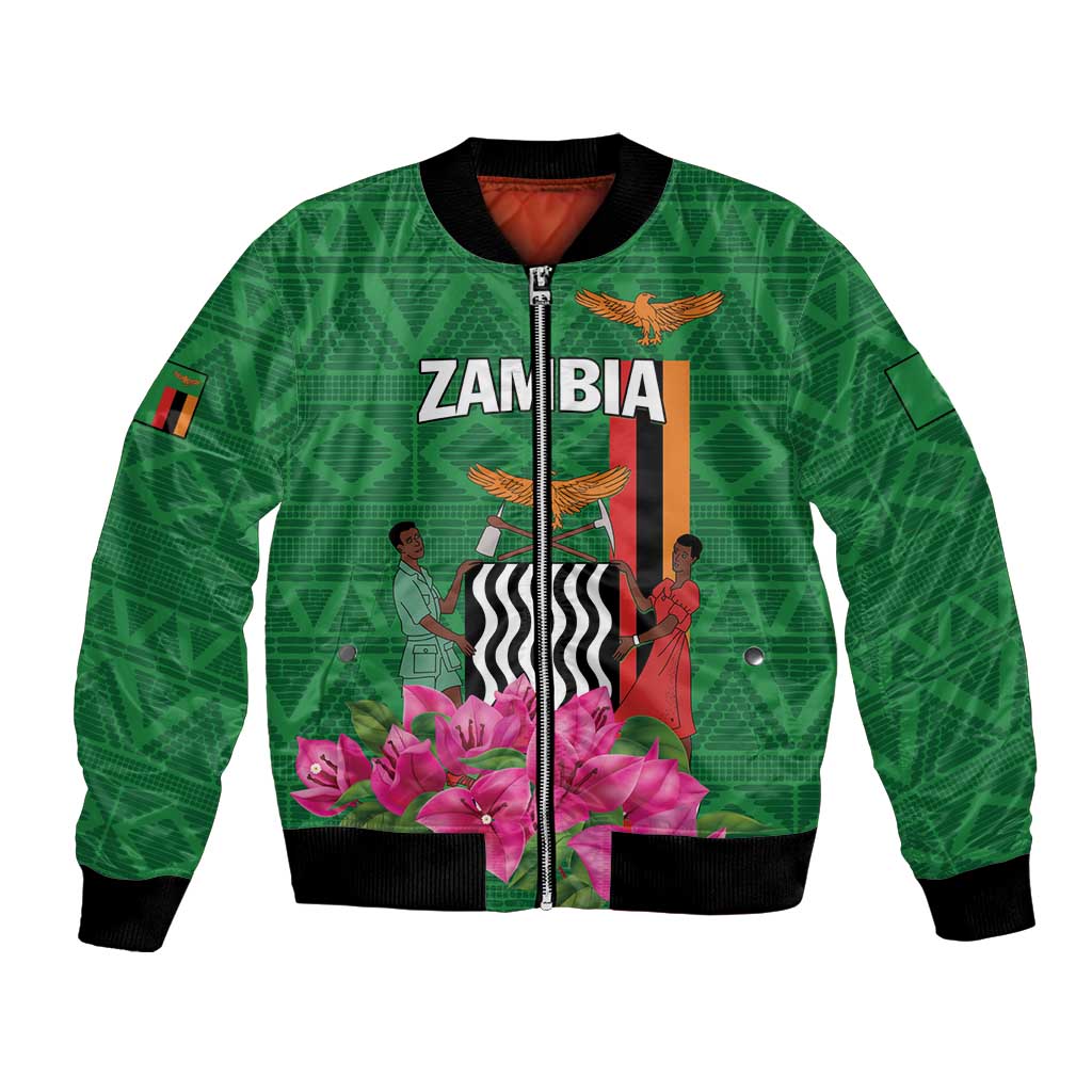 Green unisex bomber jacket with front zipper and Zambia graphic with flowers