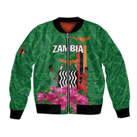 Green unisex bomber jacket with front zipper and Zambia graphic with flowers