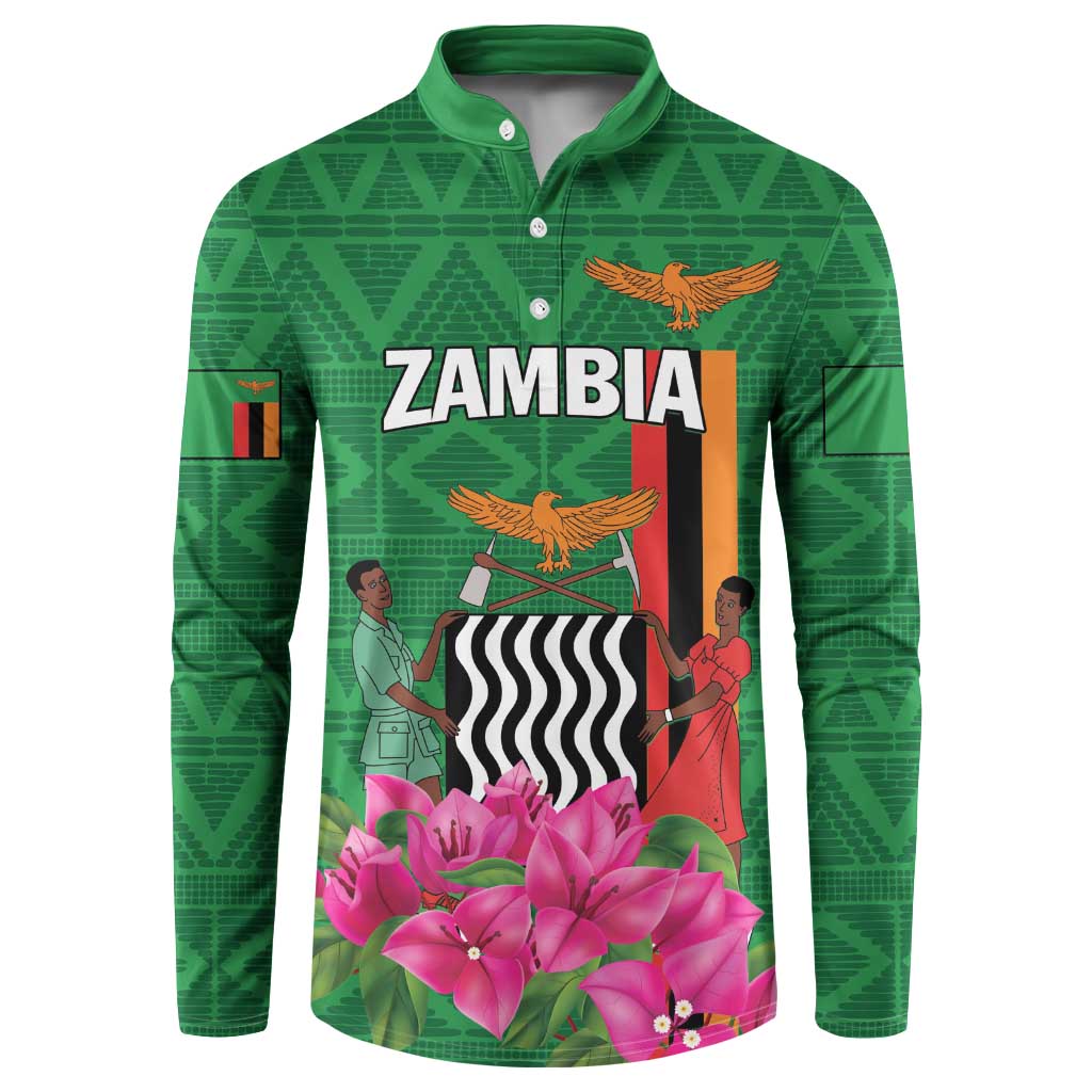 Green button-front sweatshirt, front print with 'ZAMBIA' and bird motif above pink flowers