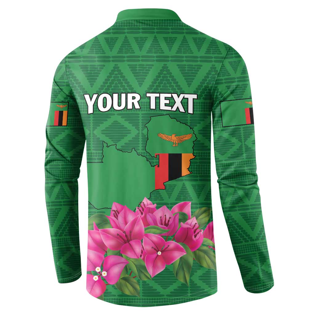Green button-front sweatshirt, back print with 'YOUR TEXT', Zambia map and pink flowers