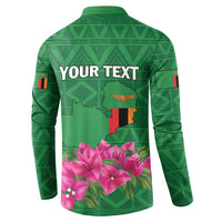 Green button-front sweatshirt, back print with 'YOUR TEXT', Zambia map and pink flowers