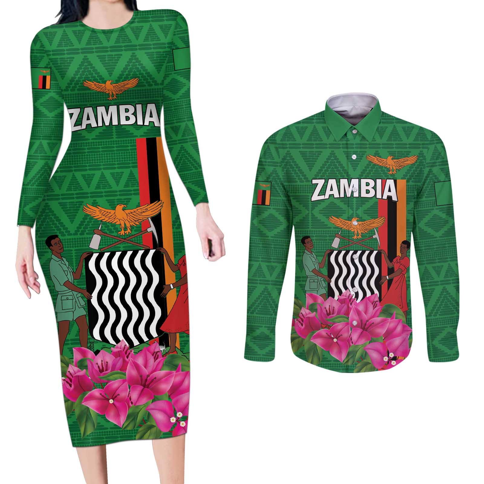 Personalized Zambia Couples Matching Long Sleeve Bodycon Dress and Long Sleeve Button Shirt Icitungu ca Zambia Bougainvillea - Wonder Print Shop