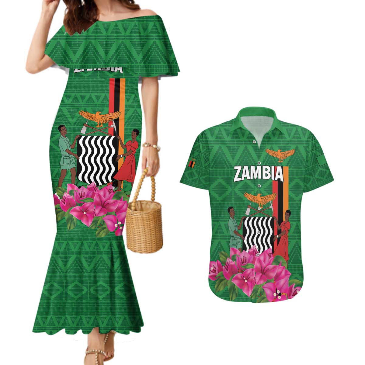 Personalized Zambia Couples Matching Mermaid Dress and Hawaiian Shirt Icitungu ca Zambia Bougainvillea - Wonder Print Shop