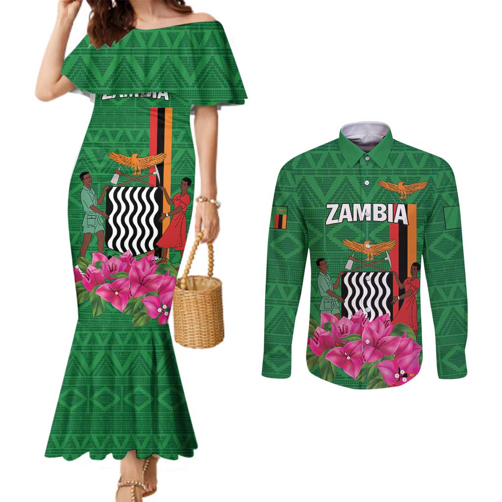 Personalized Zambia Couples Matching Mermaid Dress and Long Sleeve Button Shirt Icitungu ca Zambia Bougainvillea