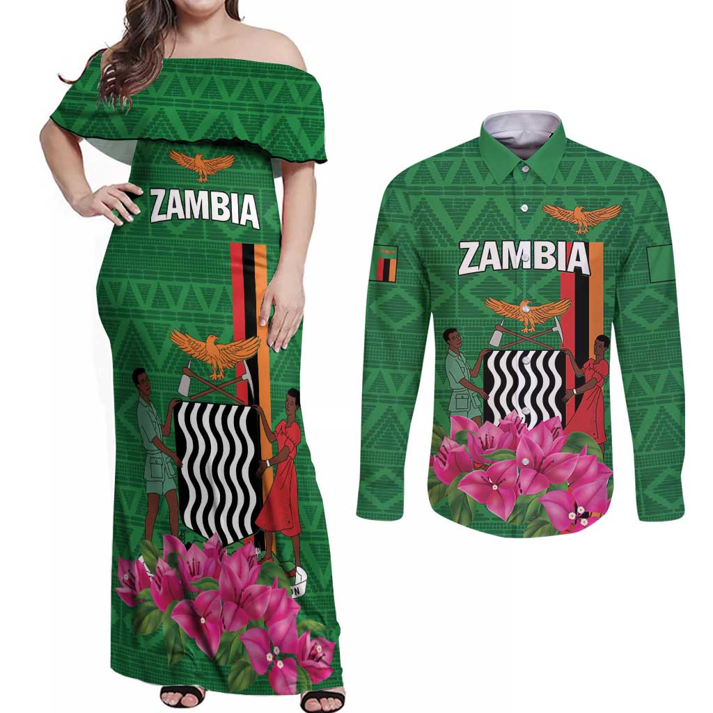 Personalized Zambia Couples Matching Off Shoulder Maxi Dress and Long Sleeve Button Shirt Icitungu ca Zambia Bougainvillea - Wonder Print Shop