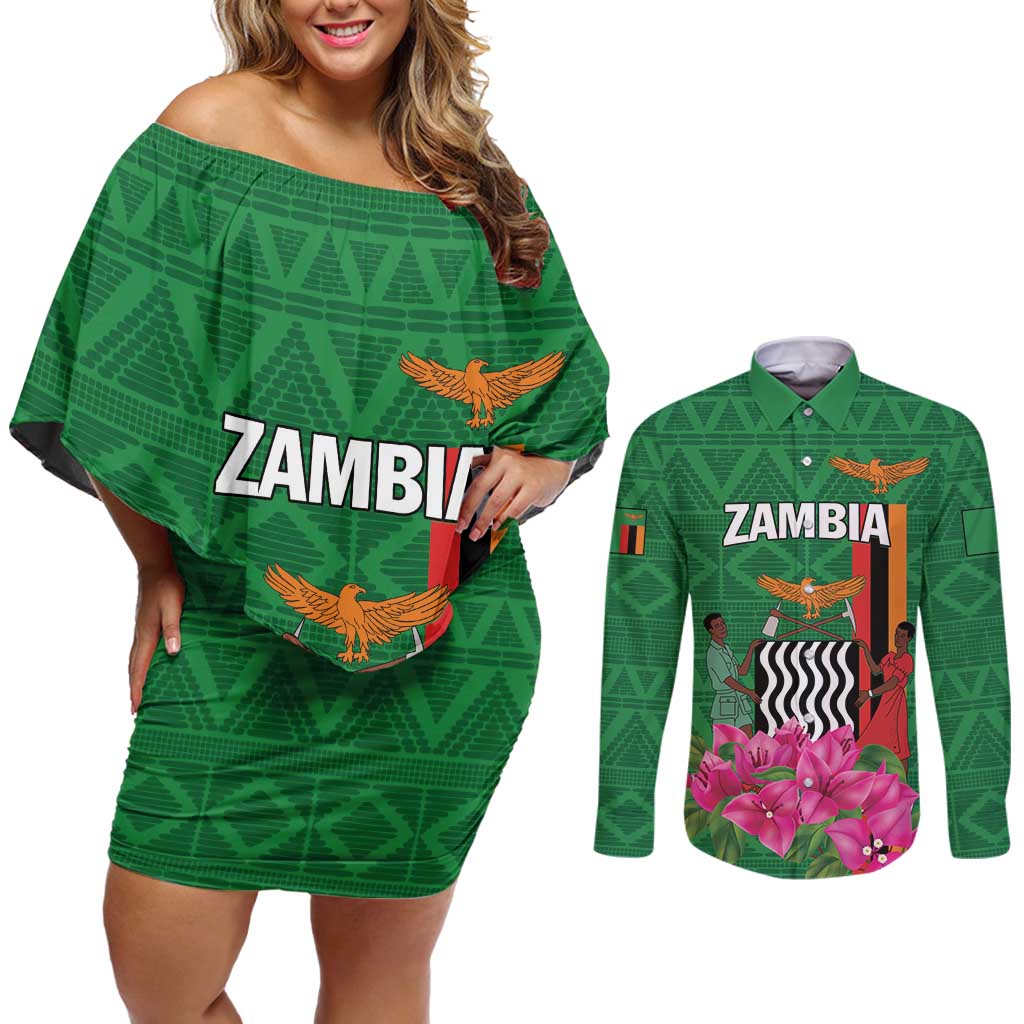 Personalized Zambia Couples Matching Off Shoulder Short Dress and Long Sleeve Button Shirt Icitungu ca Zambia Bougainvillea - Wonder Print Shop