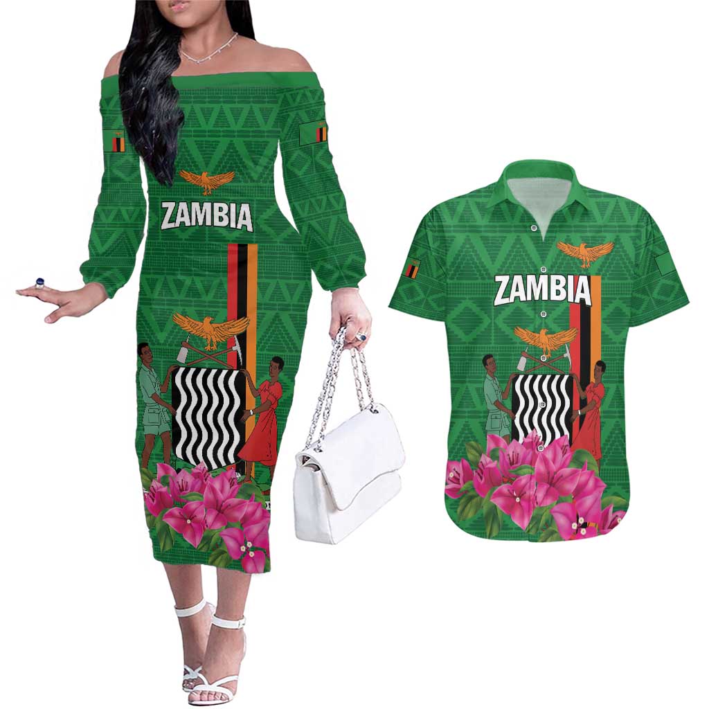 Personalized Zambia Couples Matching Off The Shoulder Long Sleeve Dress and Hawaiian Shirt Icitungu ca Zambia Bougainvillea - Wonder Print Shop