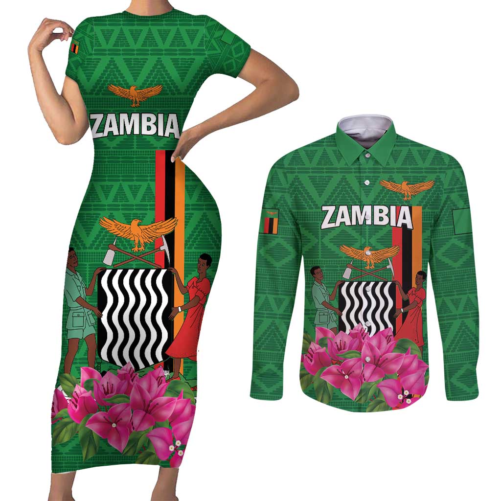 Personalized Zambia Couples Matching Short Sleeve Bodycon Dress and Long Sleeve Button Shirt Icitungu ca Zambia Bougainvillea - Wonder Print Shop