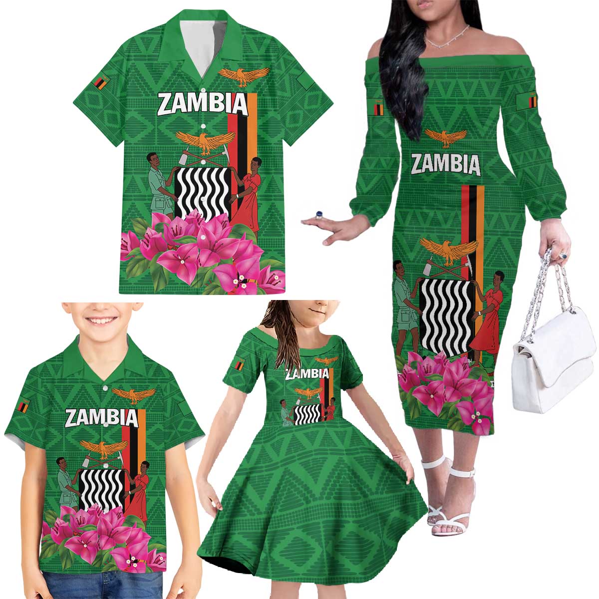 Personalized Zambia Family Matching Off The Shoulder Long Sleeve Dress and Hawaiian Shirt Icitungu ca Zambia Bougainvillea - Wonder Print Shop