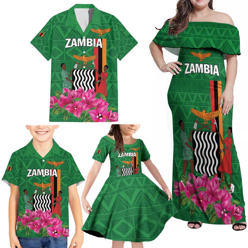 Personalized Zambia Family Matching Off Shoulder Maxi Dress and Hawaiian Shirt Icitungu ca Zambia Bougainvillea - Wonder Print Shop