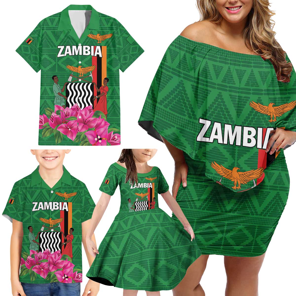 Personalized Zambia Family Matching Off Shoulder Short Dress and Hawaiian Shirt Icitungu ca Zambia Bougainvillea - Wonder Print Shop