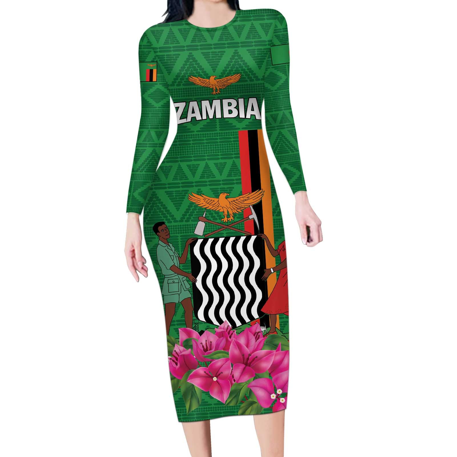 Personalized Zambia Long Sleeve Bodycon Dress Icitungu ca Zambia Bougainvillea - Wonder Print Shop