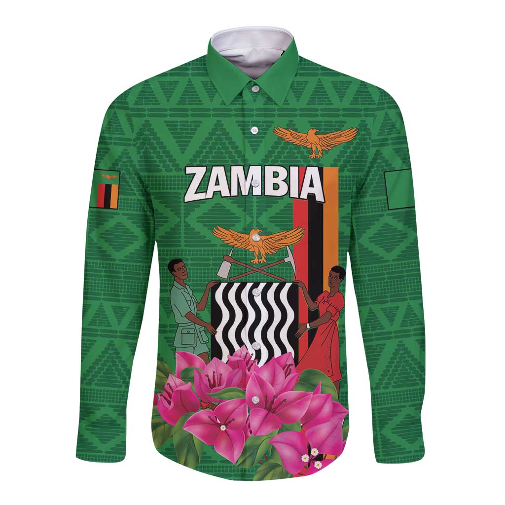 Green long-sleeve button shirt with Zambia text, birds, people, and pink flower graphic