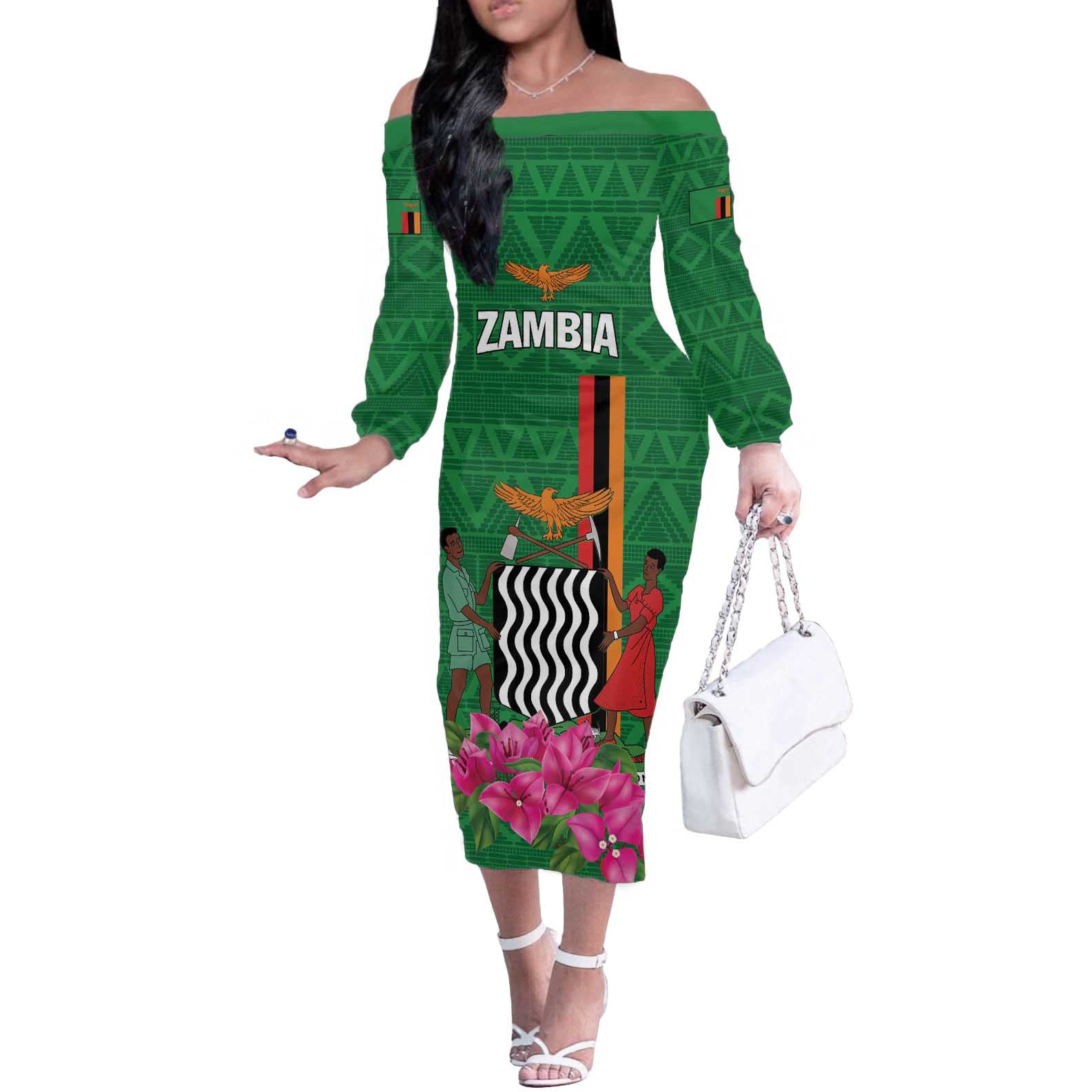 Personalized Zambia Off The Shoulder Long Sleeve Dress Icitungu ca Zambia Bougainvillea - Wonder Print Shop