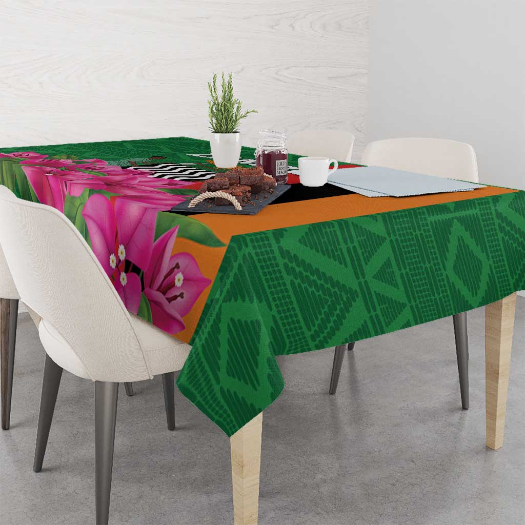 Green and purple floral tablecloth on dining table with leafy geometric pattern