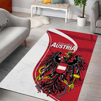 Red, black, and white Austria area rug featuring large eagle emblem and banner